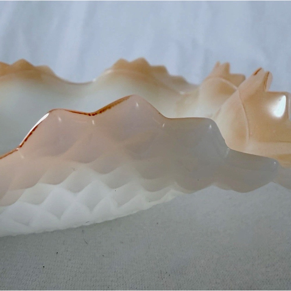Vintage Indiana Glass Diamond Point Peach Milk Glass Square Dish Ruffle Sawtooth